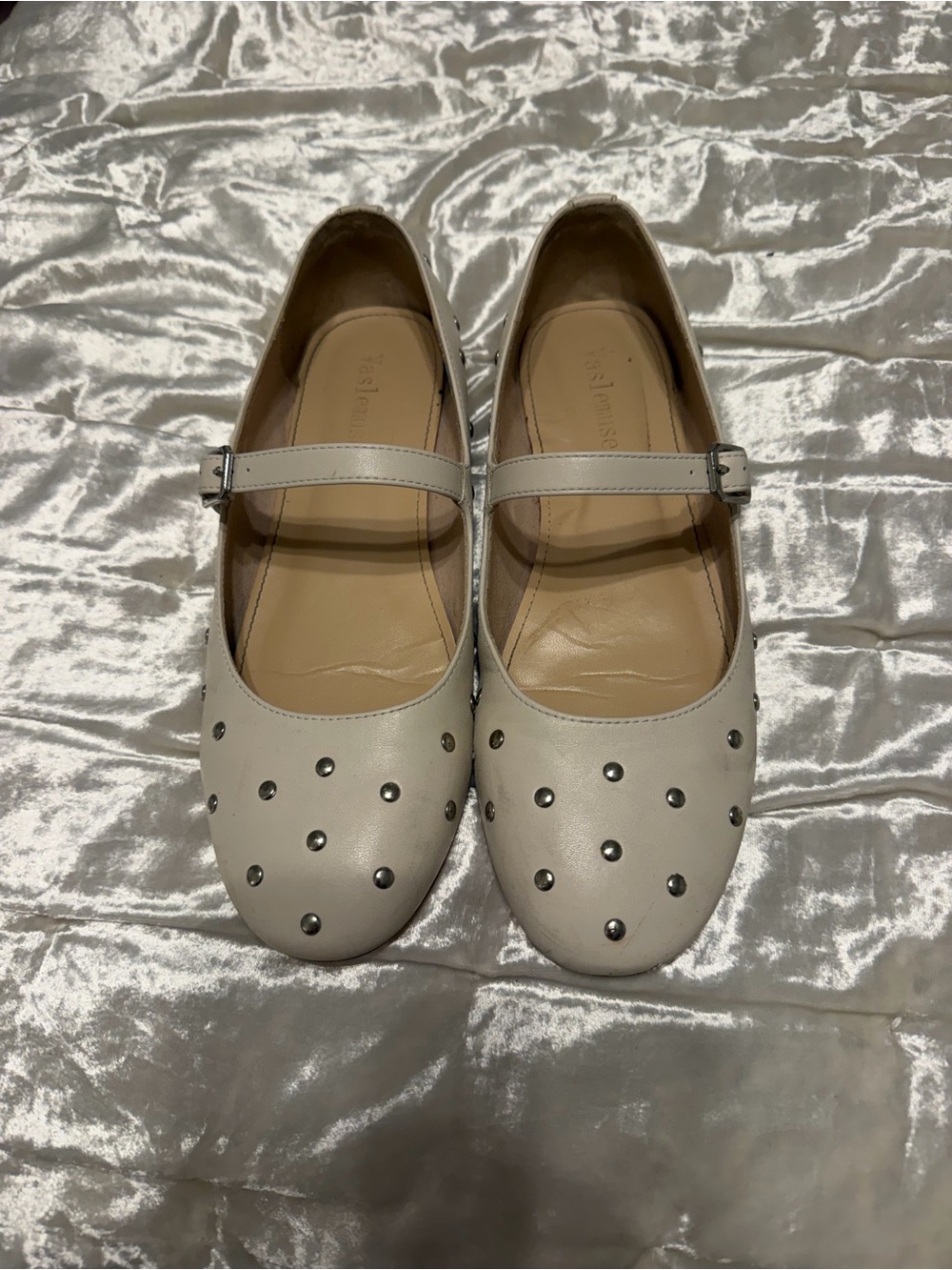 Women's Cream Studded Mary Jane Flats